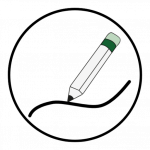 Rundes Icon mit Stift, der einen geschwungen Strich zeichnet.
